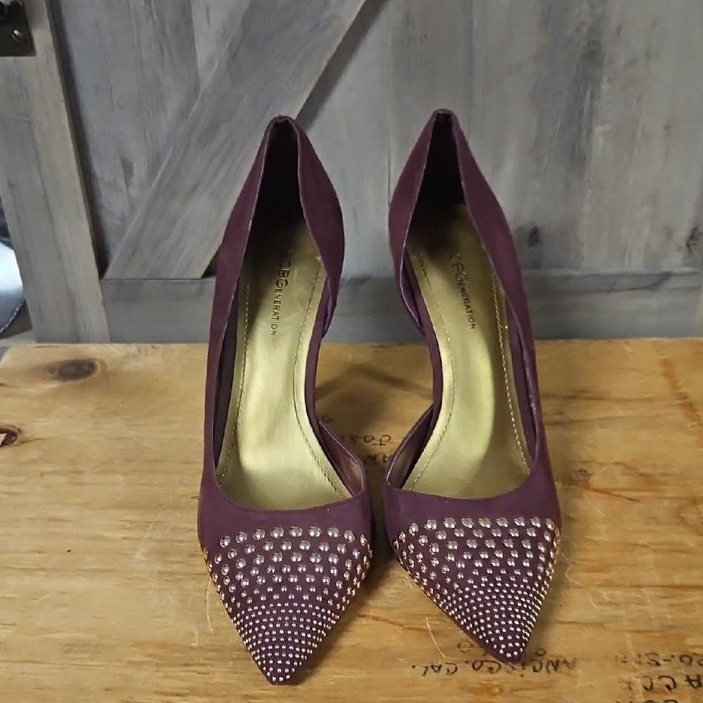 BCBGeneration Purple and Gold Stiletto Heels with Embellishments